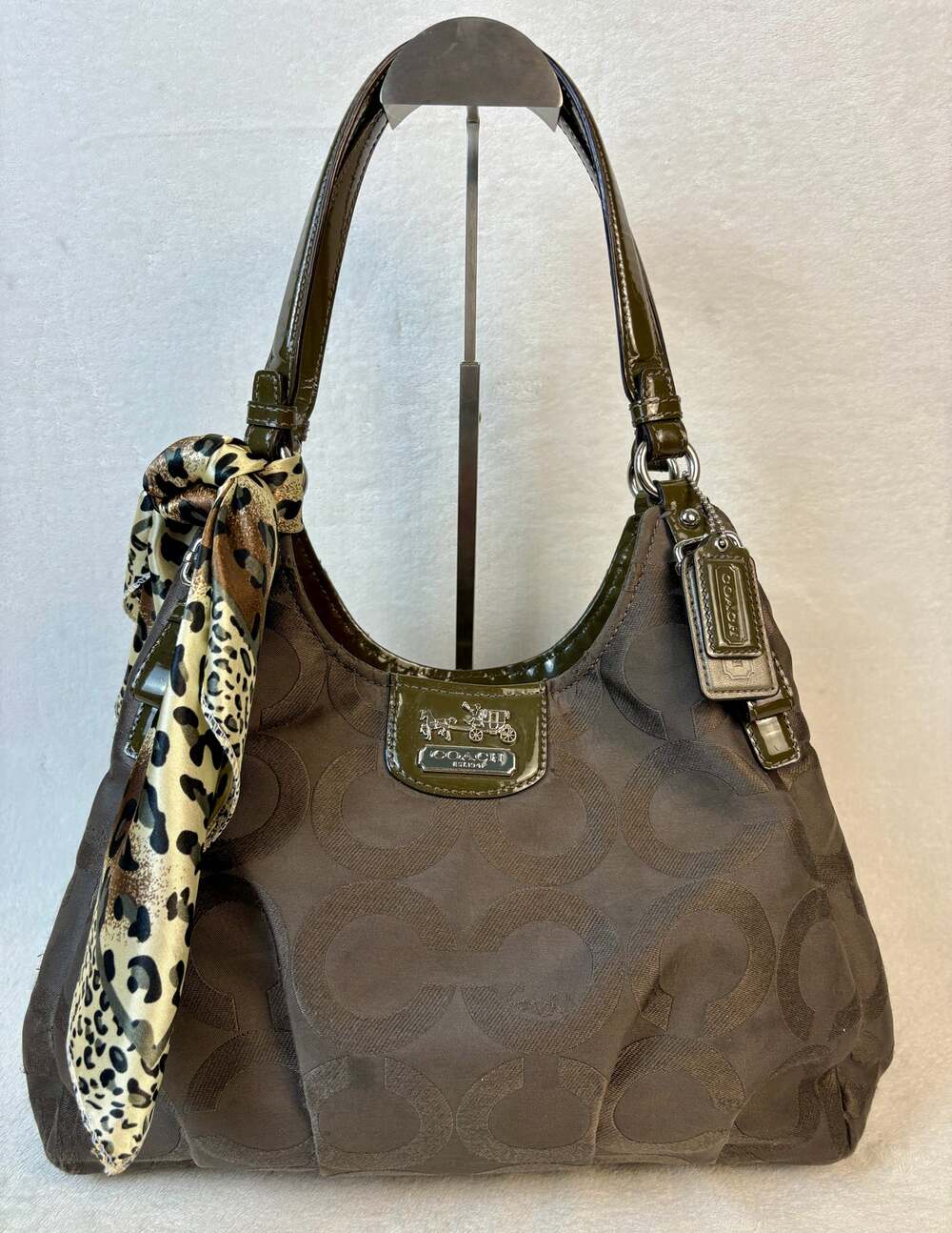 Coach Y2K Madison Op Art Maggie in Brown Sateen Canvas with Patent Leather Trim